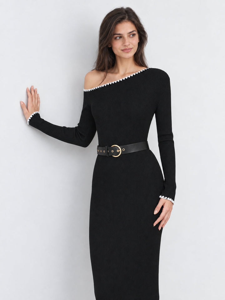 Off‑Shoulder Scalloped Trim Belted Wool Blend Dress