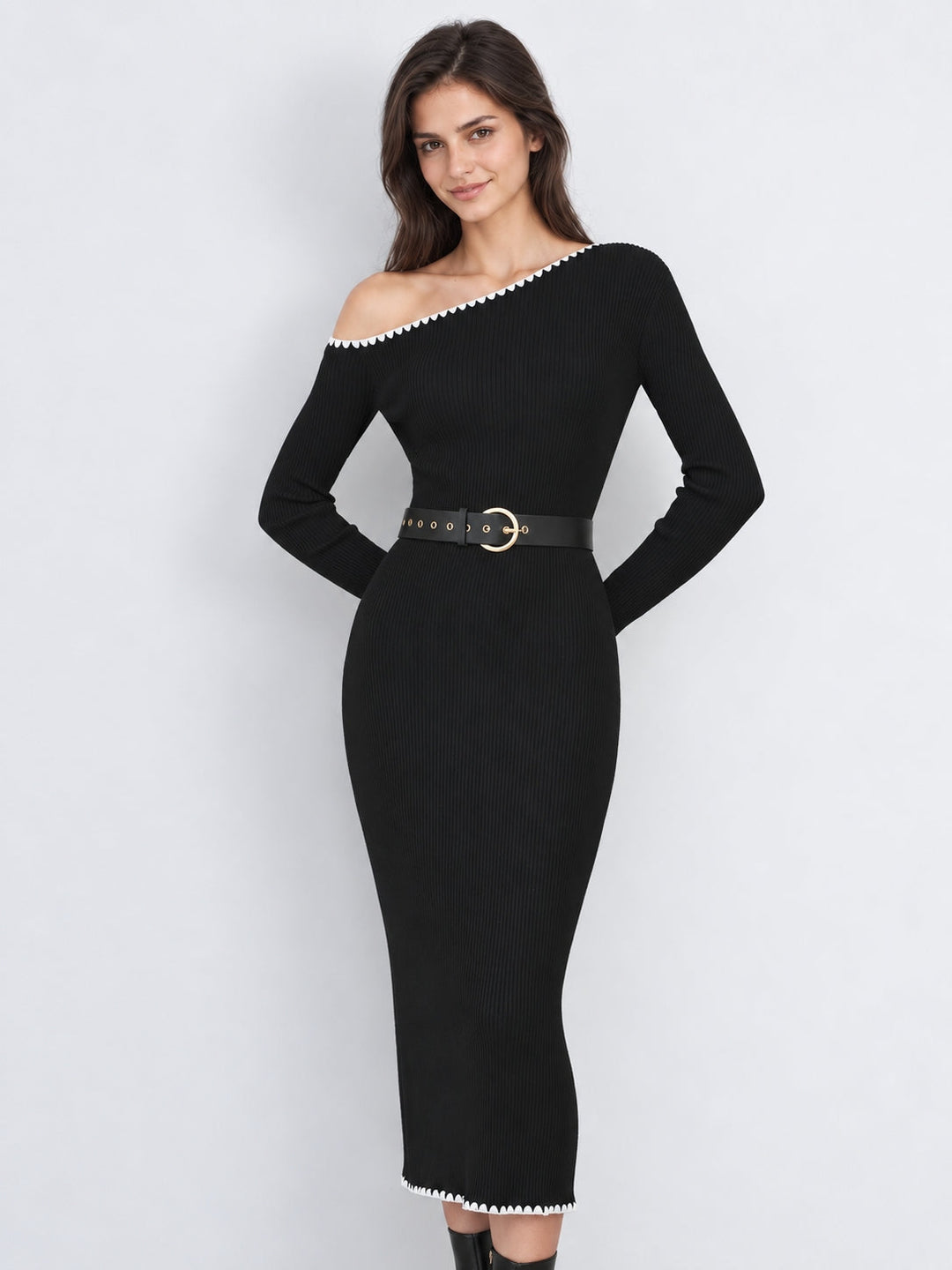 Off‑Shoulder Scalloped Trim Belted Wool Blend Dress