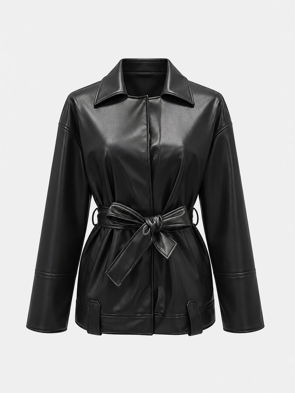 Front product shot of the black leather jacket with shirt collar and bow-tied belt