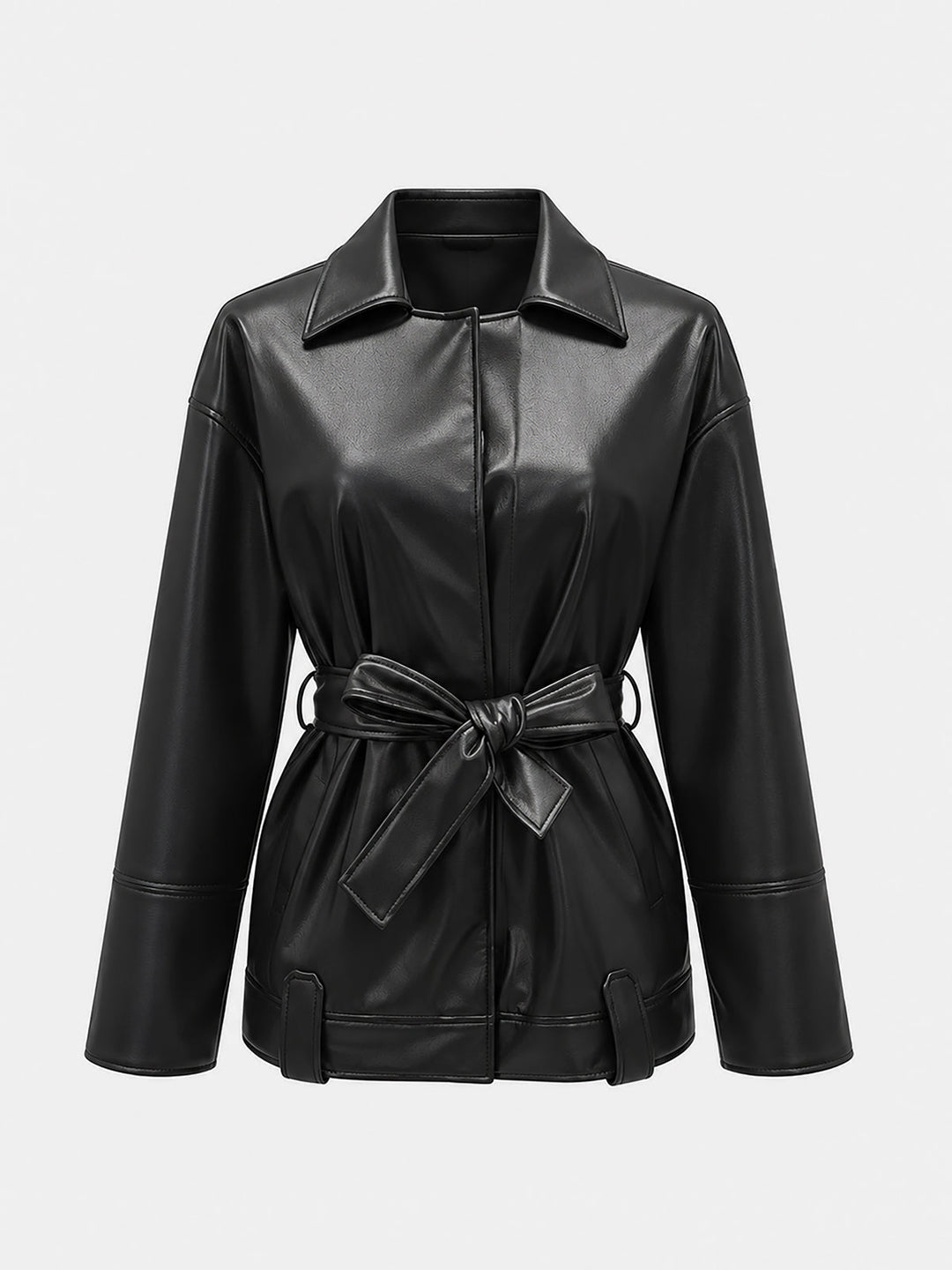 Front product shot of the black leather jacket with shirt collar and bow-tied belt