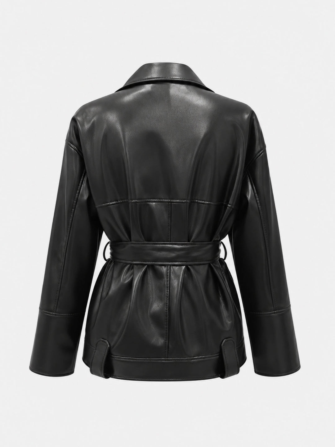 Back view of the black belted faux leather jacket with panelled waist seams