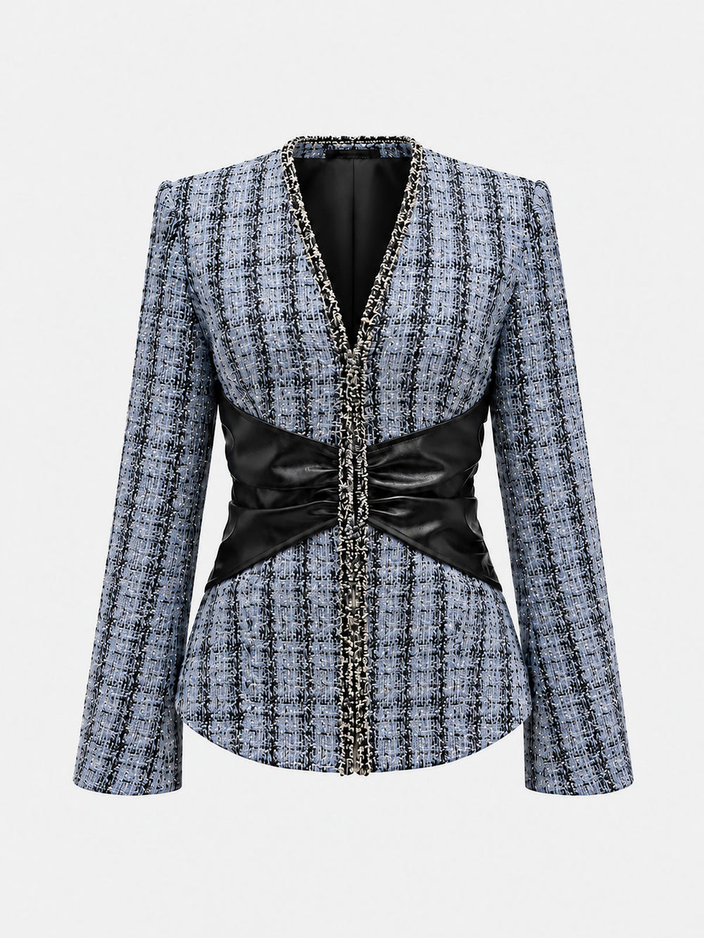 Tweed Faux Leather Waist Blazer — women's blazers, back view