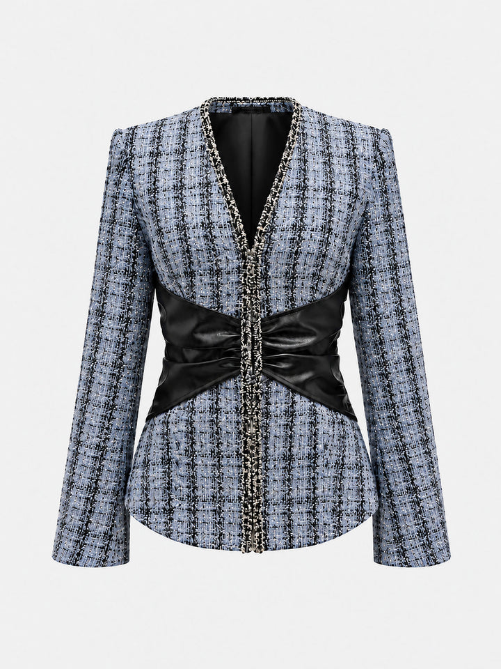 Tweed Faux Leather Waist Blazer