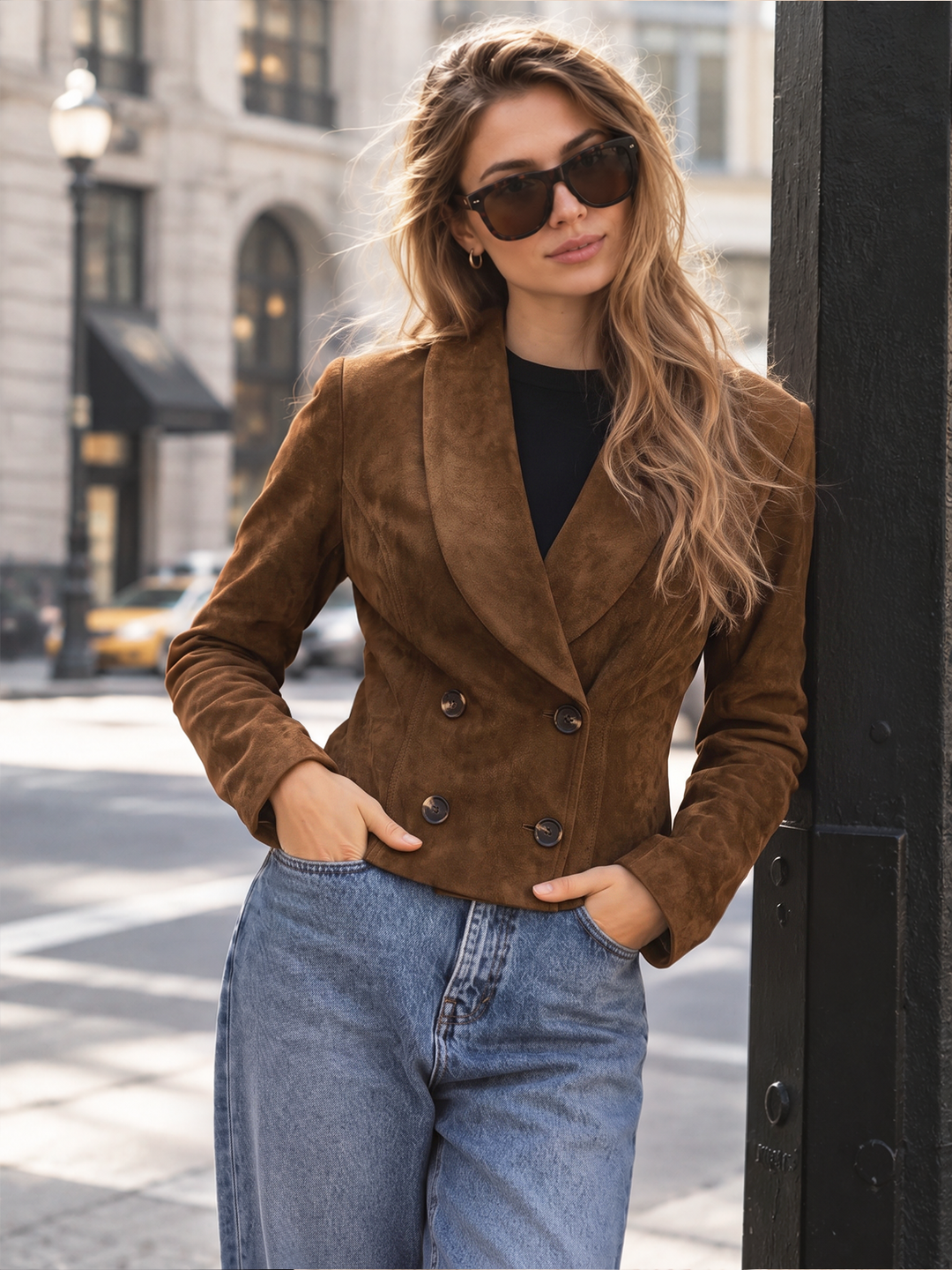 Faux Suede Double Breasted Blazer — women's blazers, front view