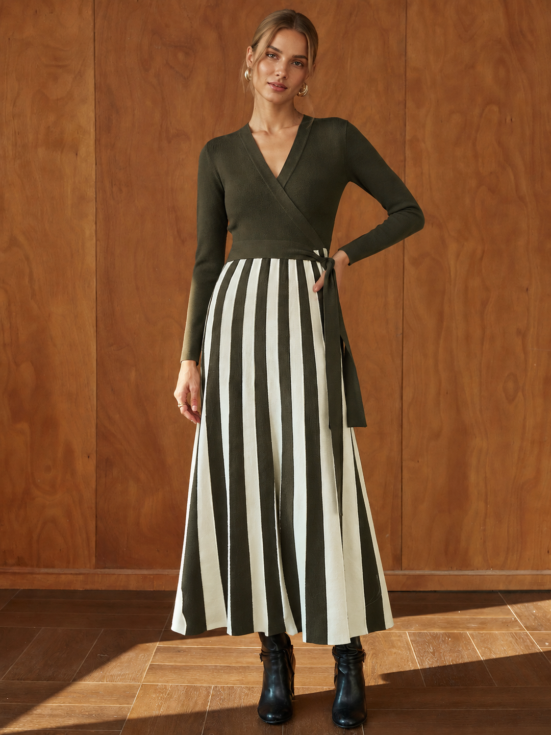 Color‑Block Stripe Wrap Knit Maxi Dress