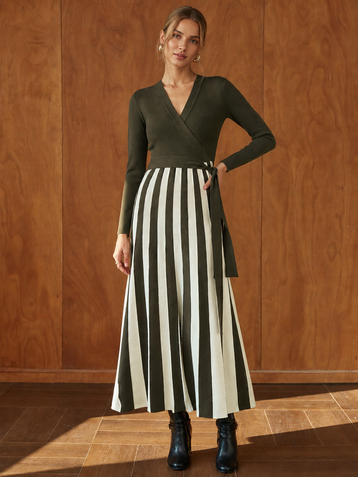 Color‑Block Stripe Wrap Knit Maxi Dress