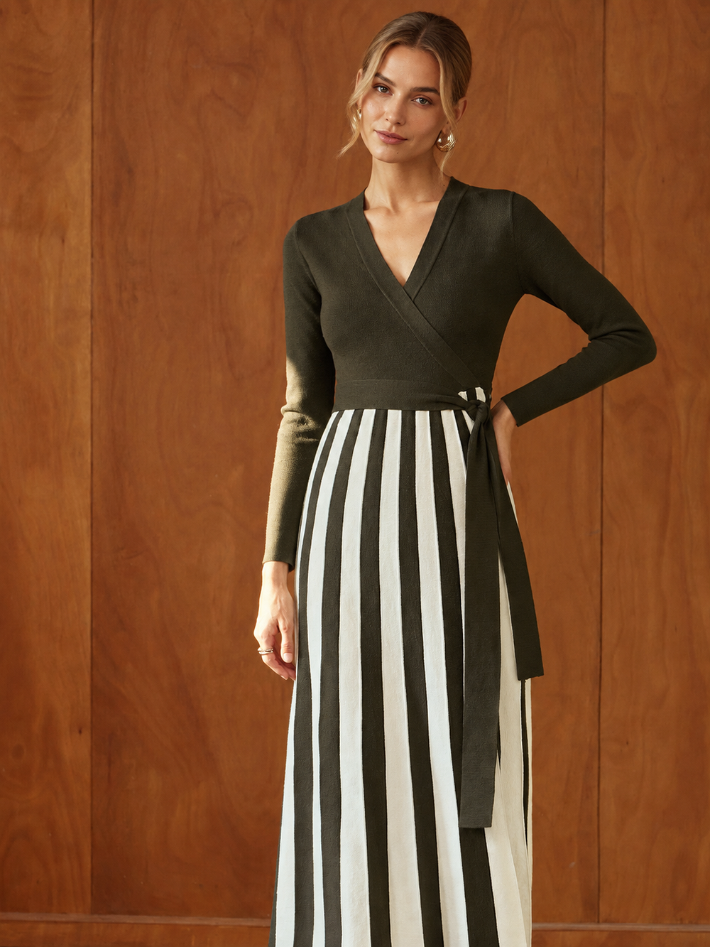 Color‑Block Stripe Wrap Knit Maxi Dress — women's sweater dresses, back view