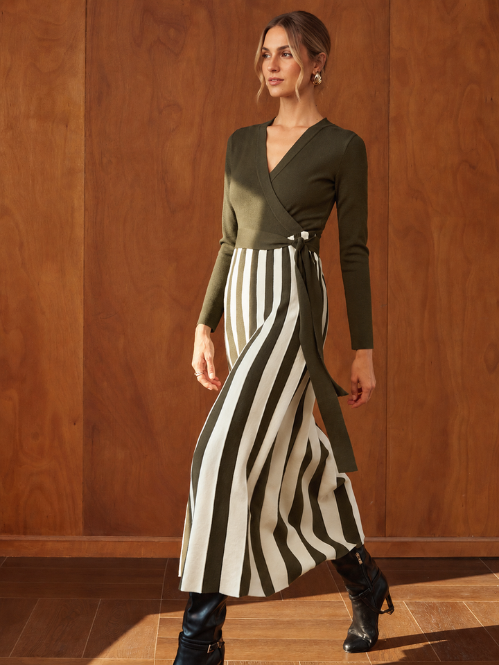 Color‑Block Stripe Wrap Knit Maxi Dress