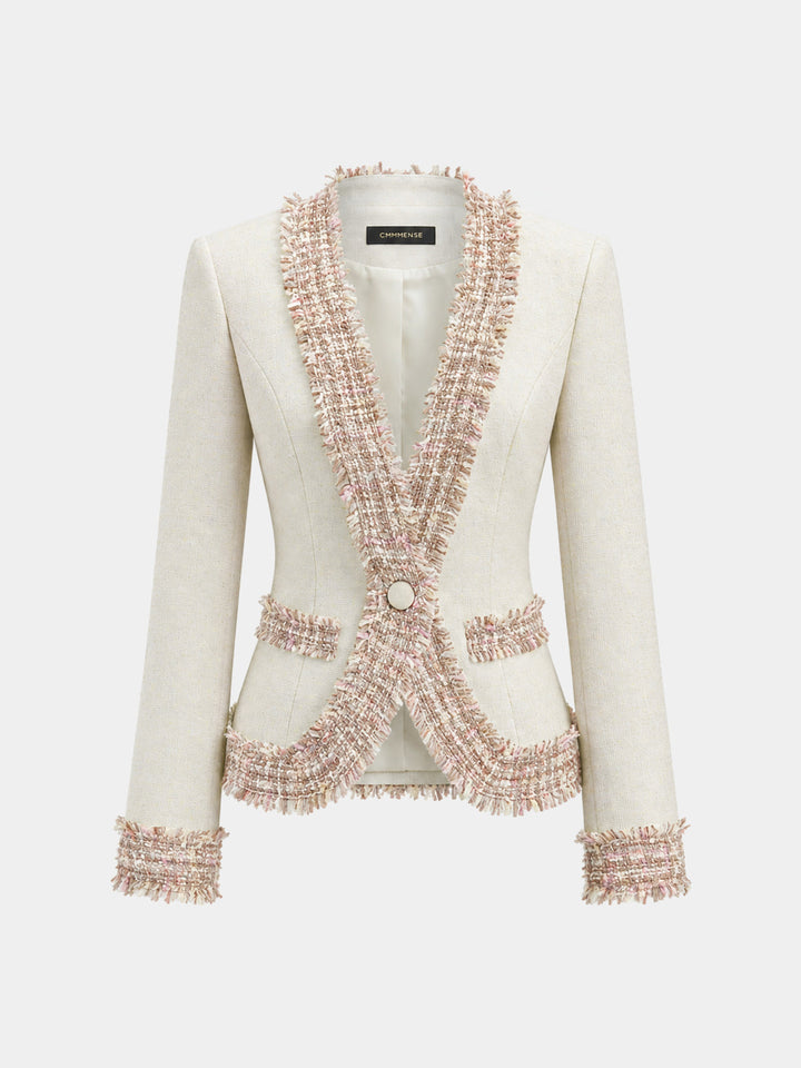 Multicolor Fringe Trim Tweed Blazer