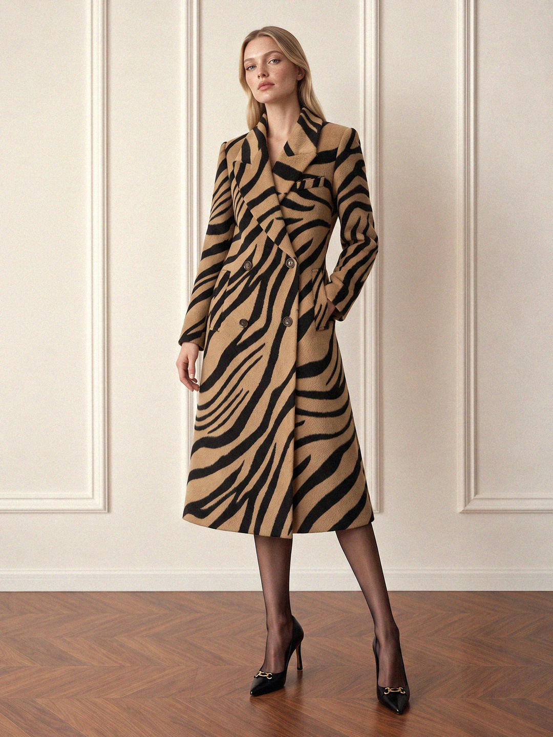 Zebra Print Double Breasted Long Coat