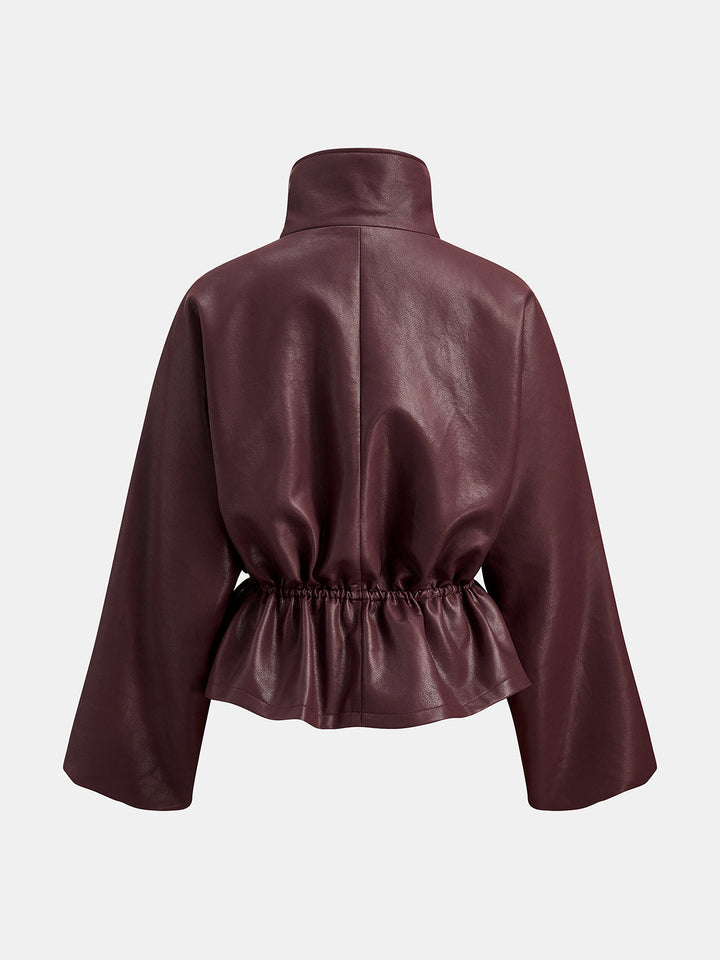 Straight-on view of the wine jacket with collar zipped up and gathered peplum hem