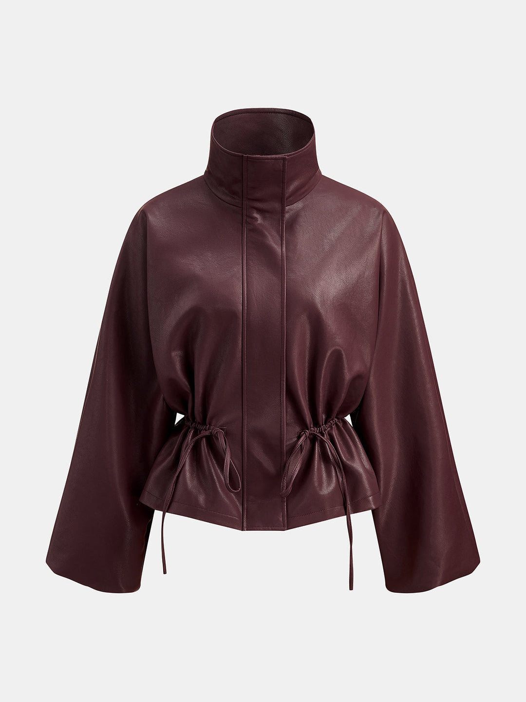 Front product view of burgundy faux leather jacket with high funnel collar and drawstring waist