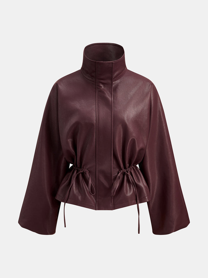 Front product view of burgundy faux leather jacket with high funnel collar and drawstring waist