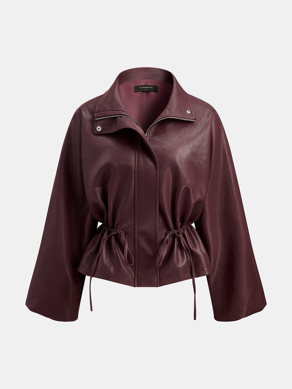 Angled product shot of wine leather look jacket with open collar and zip front