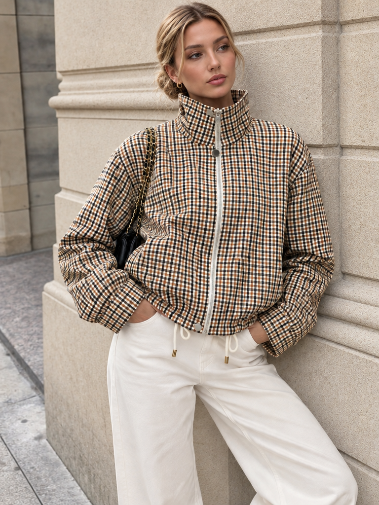 Reversible side of the jacket worn as brown houndstooth check funnel-neck jacket with cream trousers