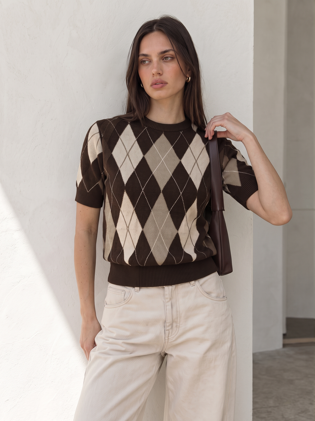Color-Block Argyle Short Sleeve Knit Sweater - women's sweater, styled with denim