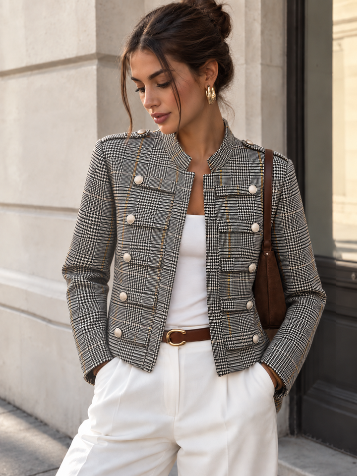 Grey houndstooth cropped military jacket with silver buttons and white trousers