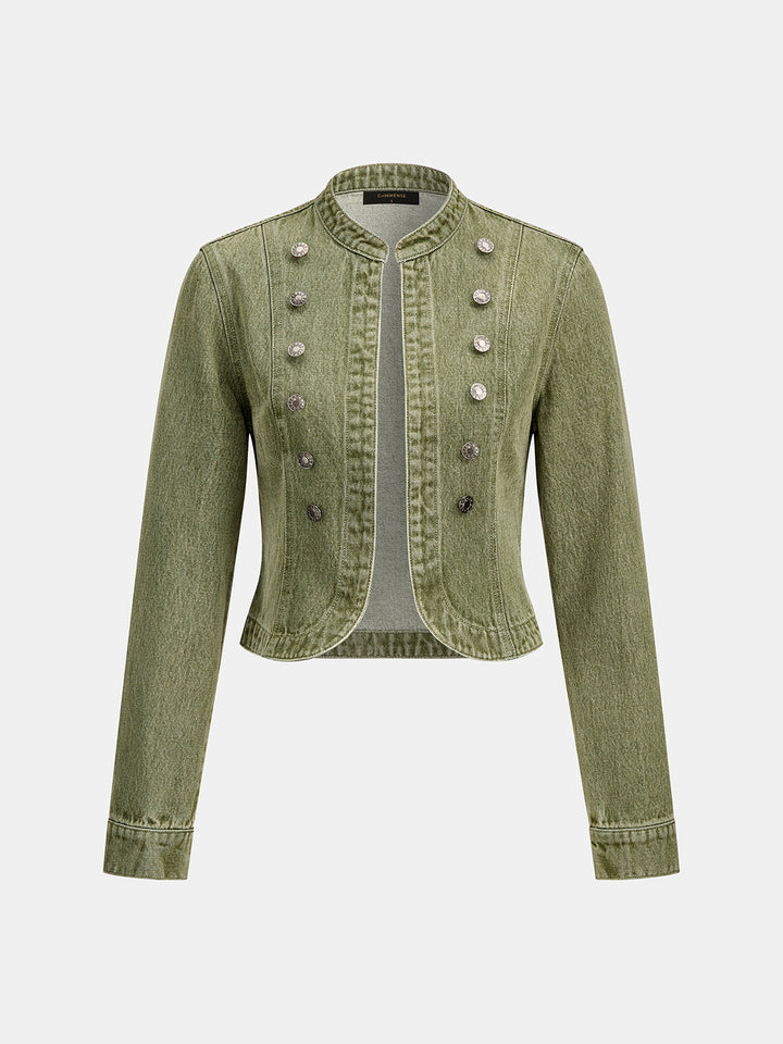 Front product view of washed khaki denim military jacket with silver stud buttons