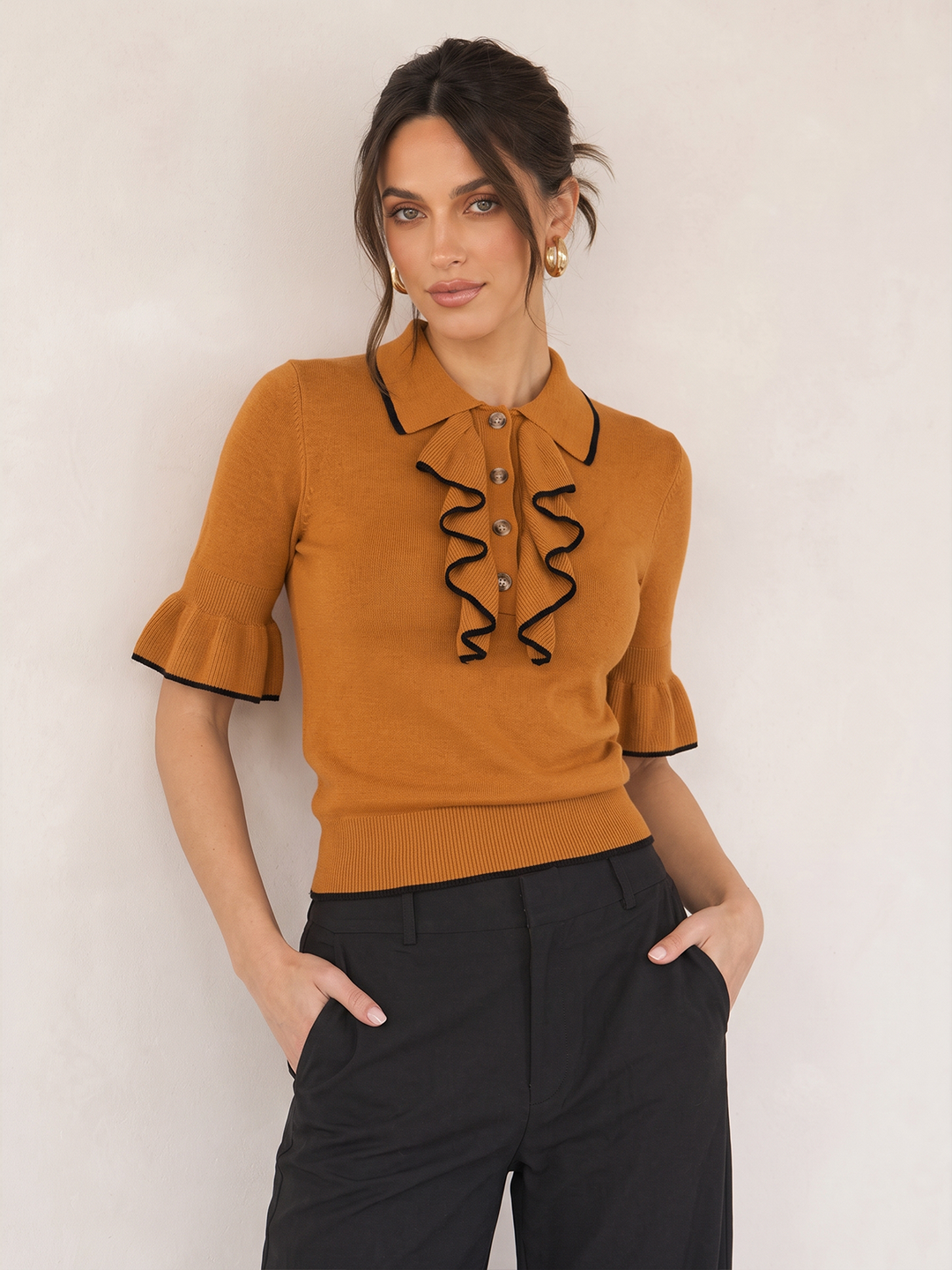 Contrast Trim Ruffle Knit Top