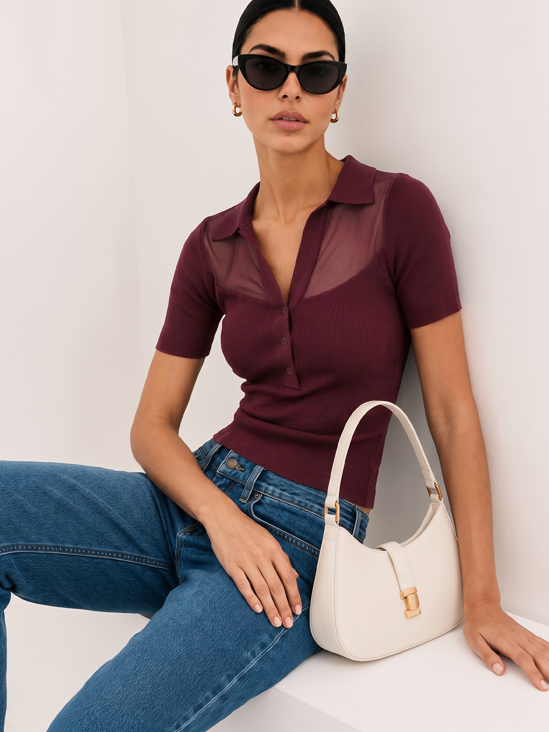 Polo Collar Sheer Panel Knit Top