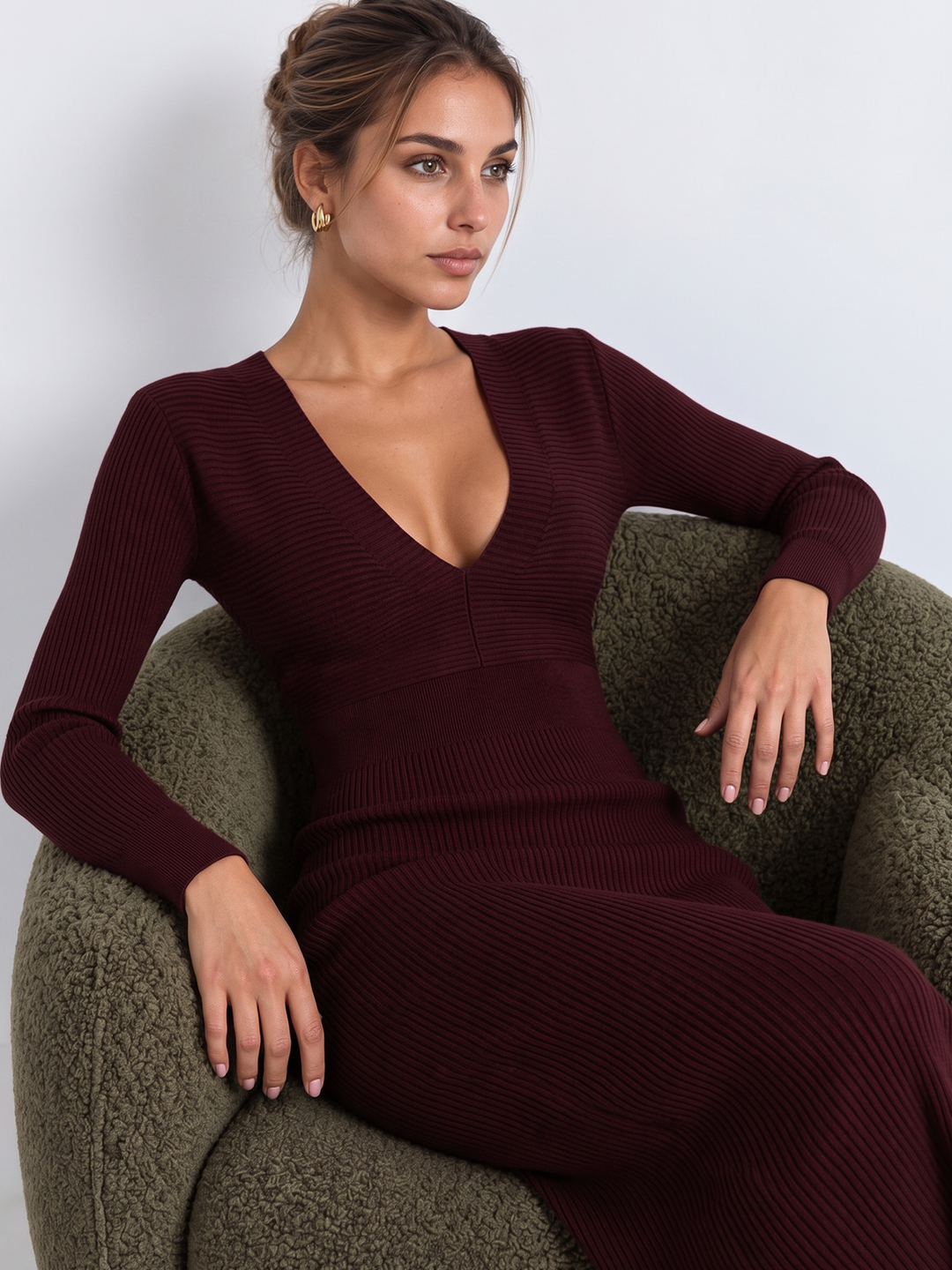 Deep V Ribbed Knit Midi Dress