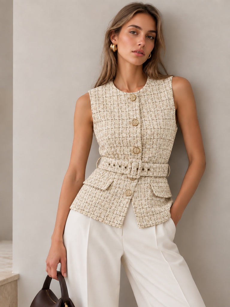 Belted Wool Blend Tweed Sleeveless Vest — women's vests, front view