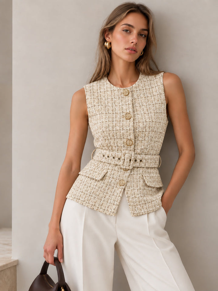 Belted Wool Blend Tweed Sleeveless Vest
