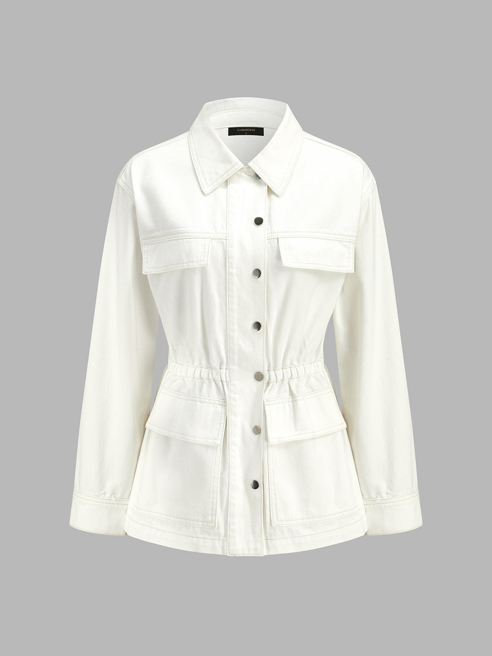 Cinched‑Waist Multi‑Pocket Denim Jacket — women's denim jackets & coats, back view