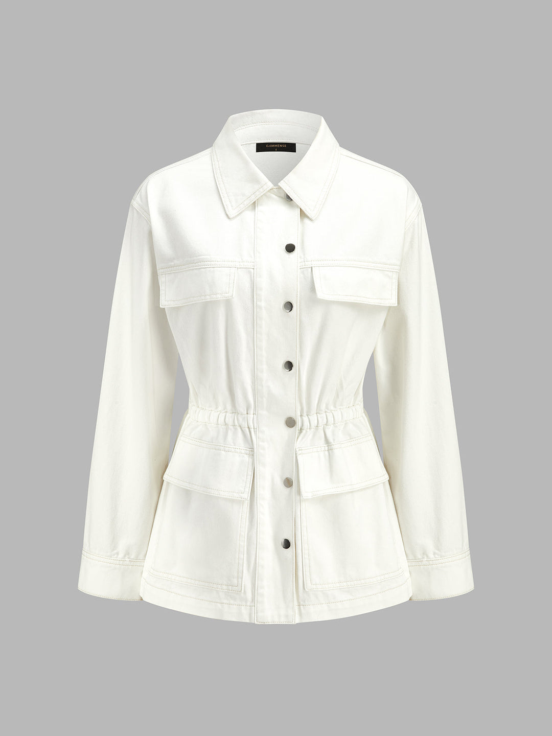 Cinched‑Waist Multi‑Pocket Denim Jacket