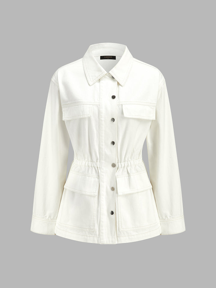 Cinched‑Waist Multi‑Pocket Denim Jacket