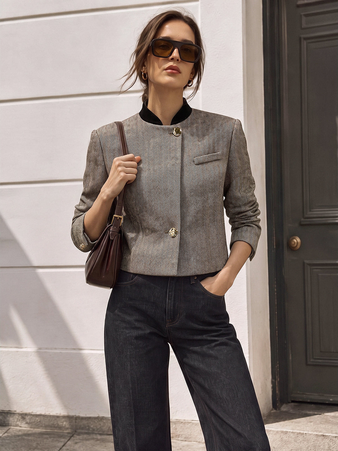 Two Way Collar High Wool Blend Blazer — women's blazers, front view