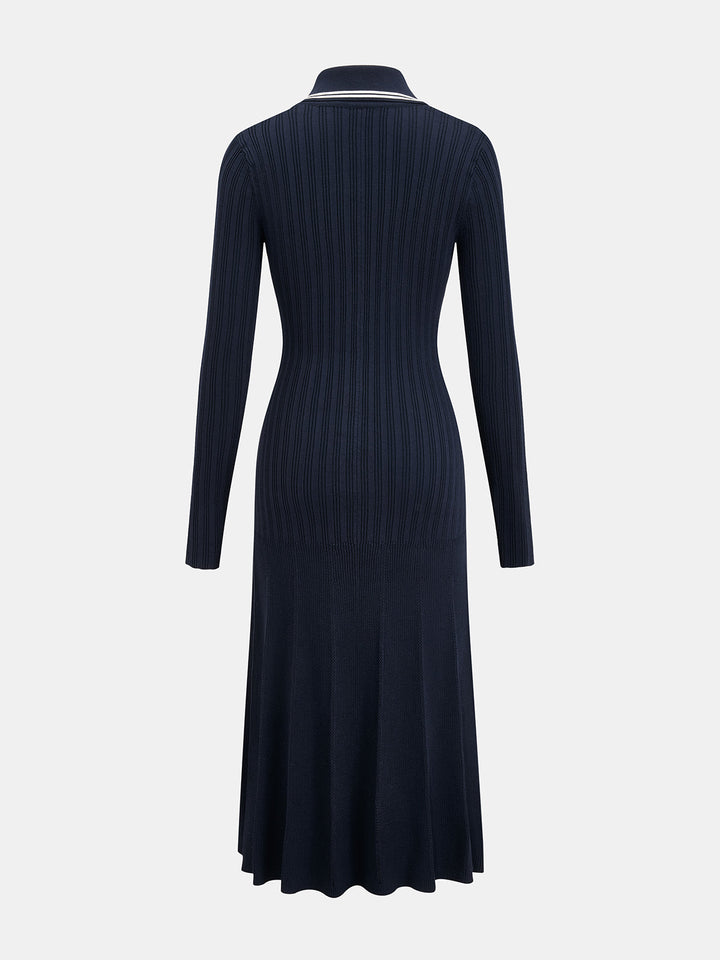 Contrast‑Trim Collared Metal‑Button Knit Maxi Dress