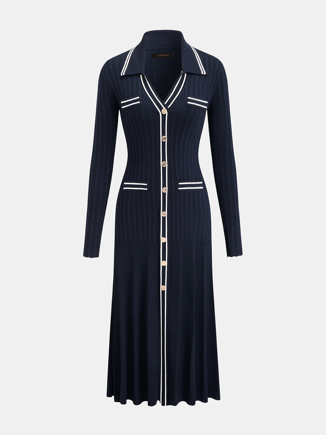 Contrast‑Trim Collared Metal‑Button Knit Maxi Dress