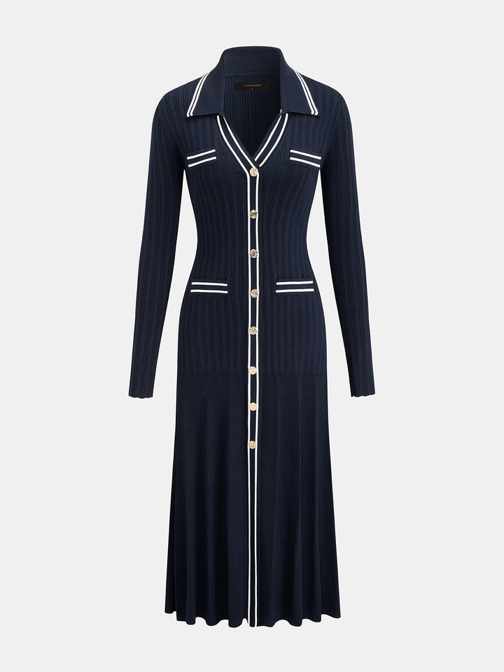 Contrast‑Trim Collared Metal‑Button Knit Maxi Dress