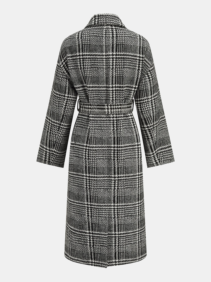 Belted Plaid Lapel Long Coat