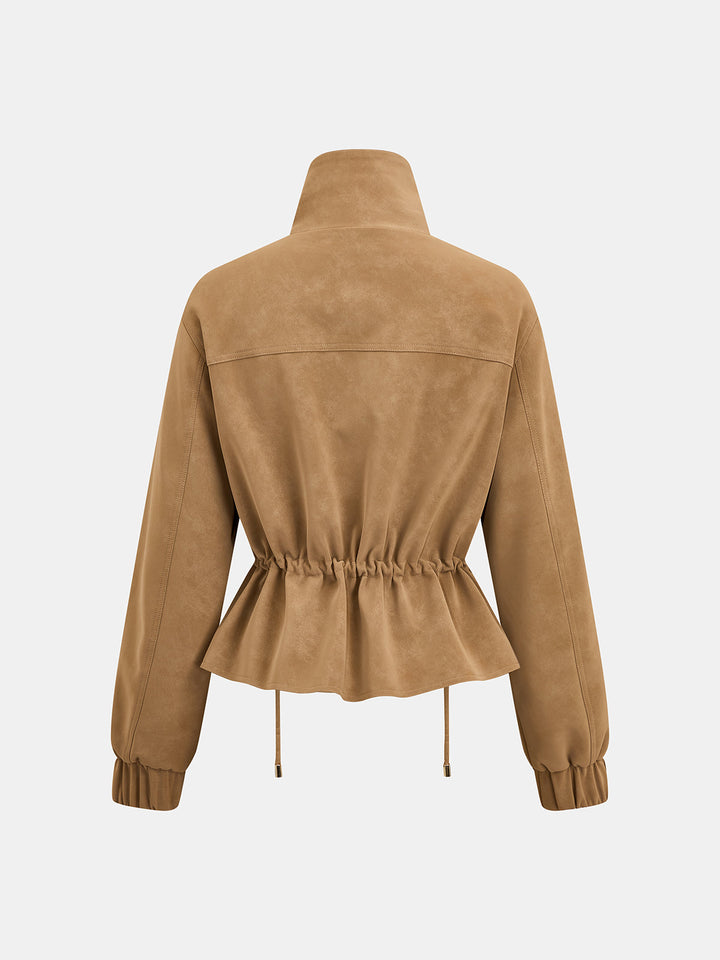 Drawstring Waist Faux Suede Jacket