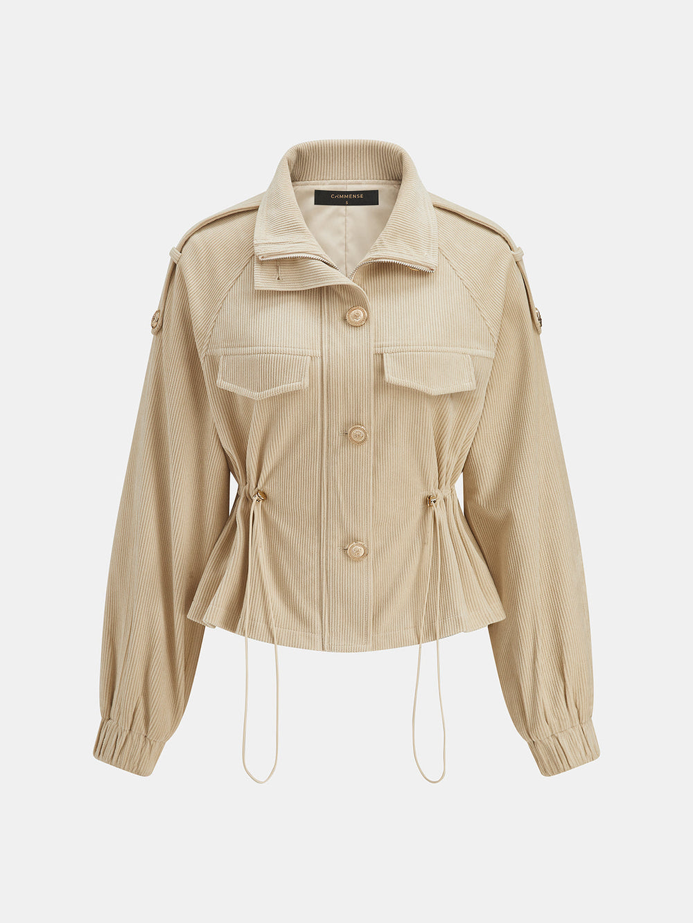Front product view of khaki corduroy jacket with chest pockets, epaulettes and gold buttons