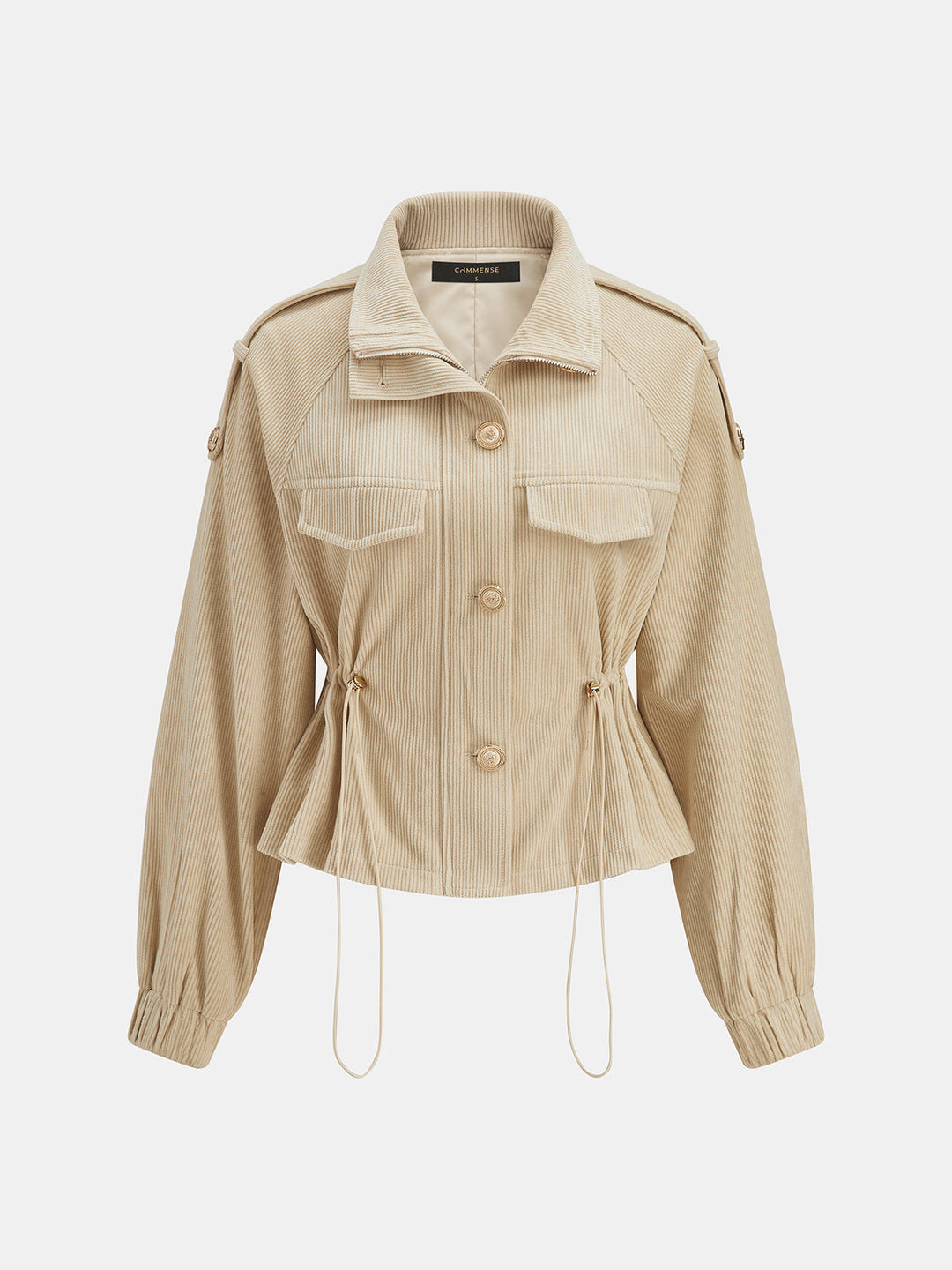 Front product view of khaki corduroy jacket with chest pockets, epaulettes and gold buttons