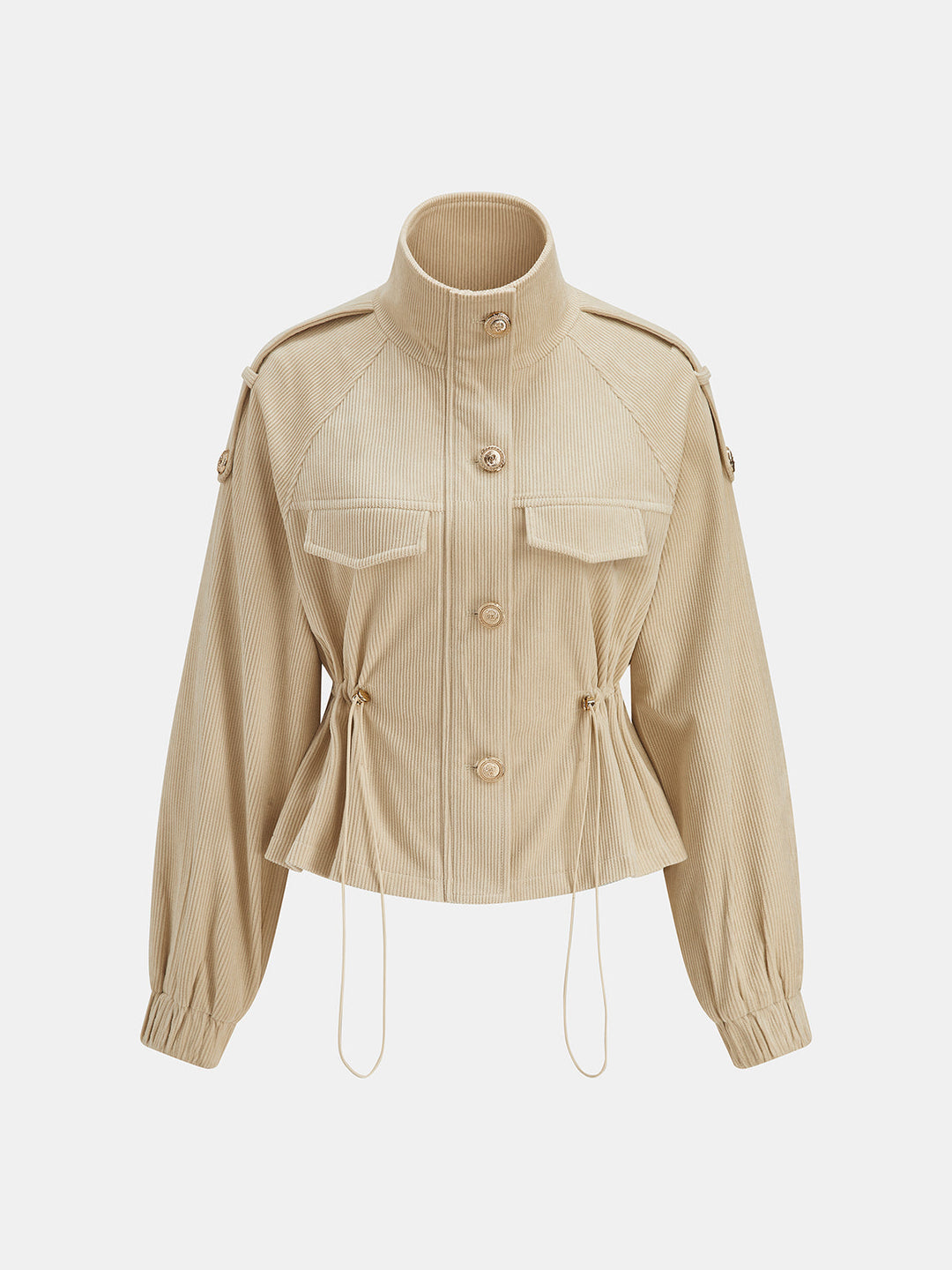 Corduroy utility jacket buttoned to the high stand collar, showing cinched peplum waist