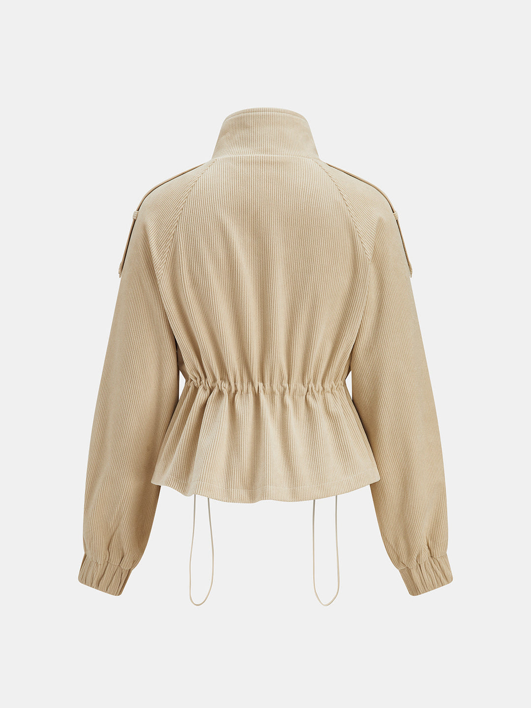 Back view of beige corduroy jacket with gathered elastic waist and balloon sleeves