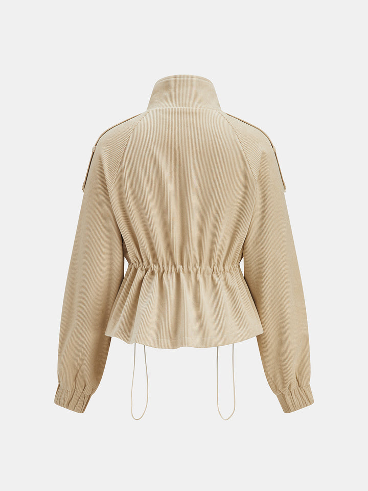 Back view of beige corduroy jacket with gathered elastic waist and balloon sleeves