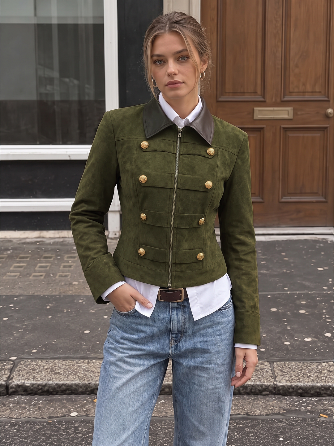 Olive suede effect Napoleon jacket worn over white shirt with blue jeans