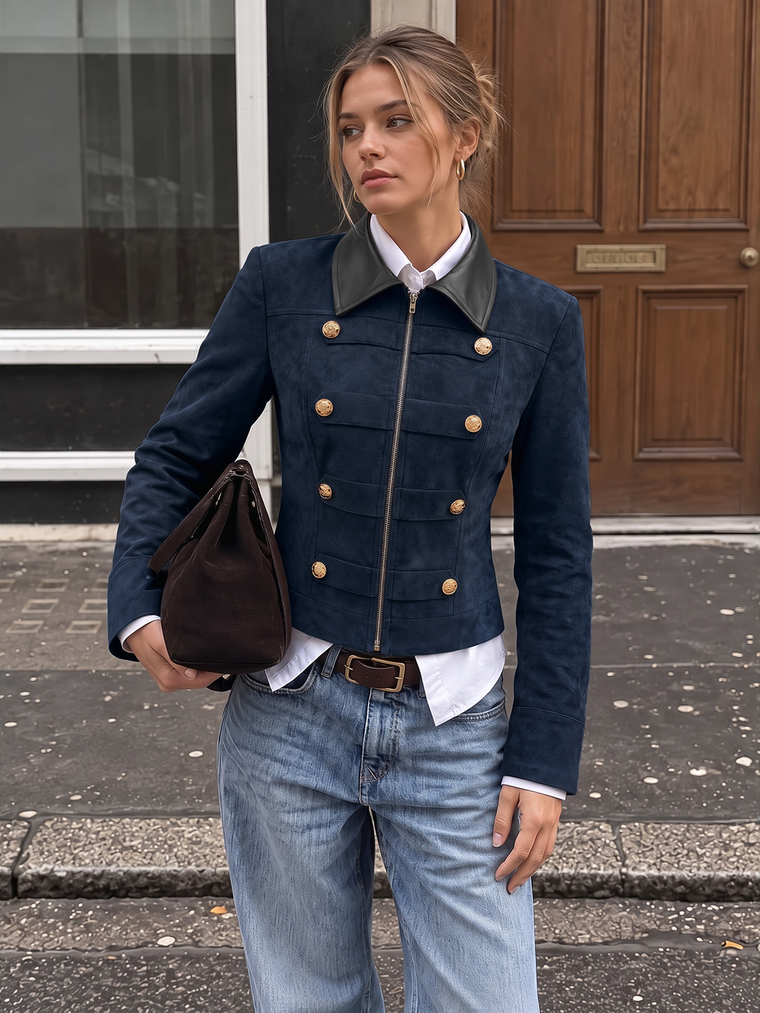 Navy suede effect cropped military jacket with contrast leather collar