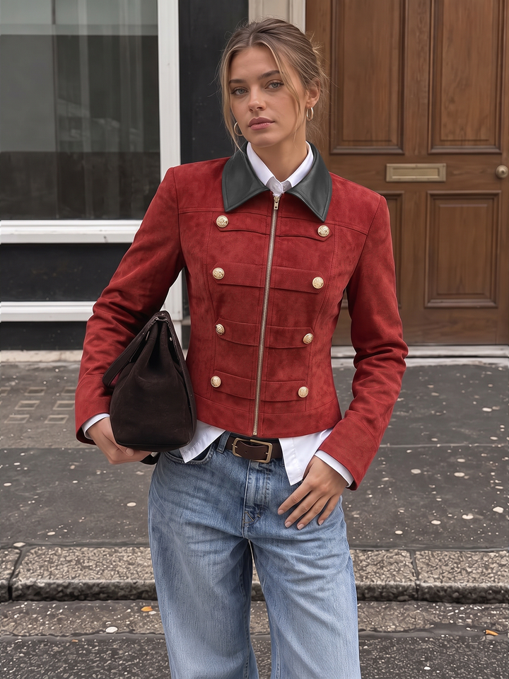 Red suede effect military jacket with black collar and gold button detail