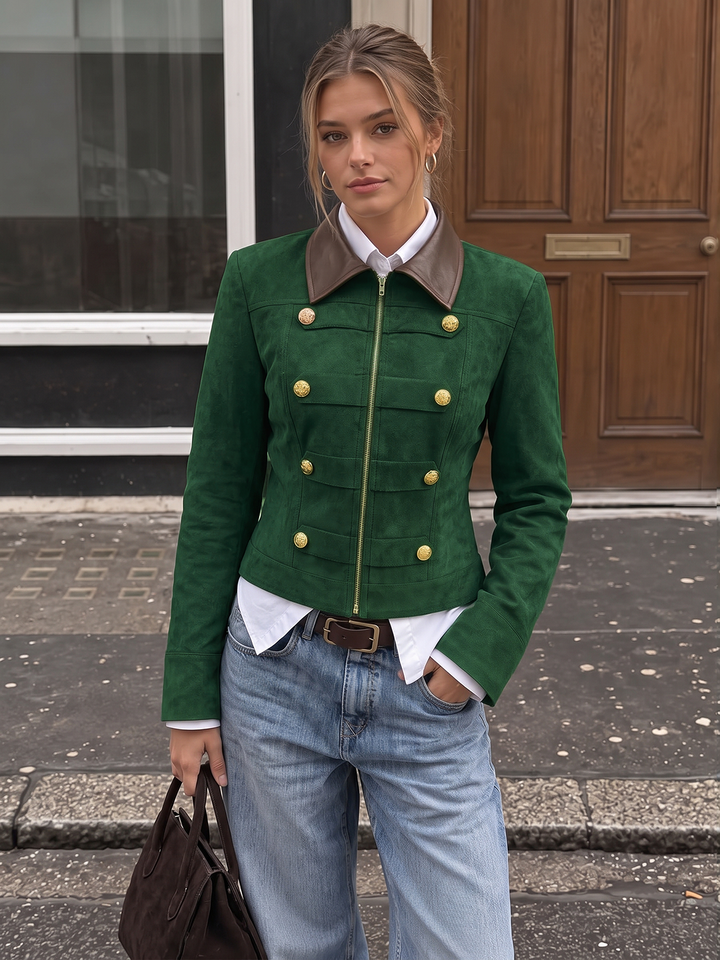 Green suede effect Napoleon style jacket with double row of gold buttons