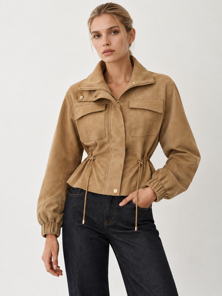 Drawstring Waist Faux Suede Jacket
