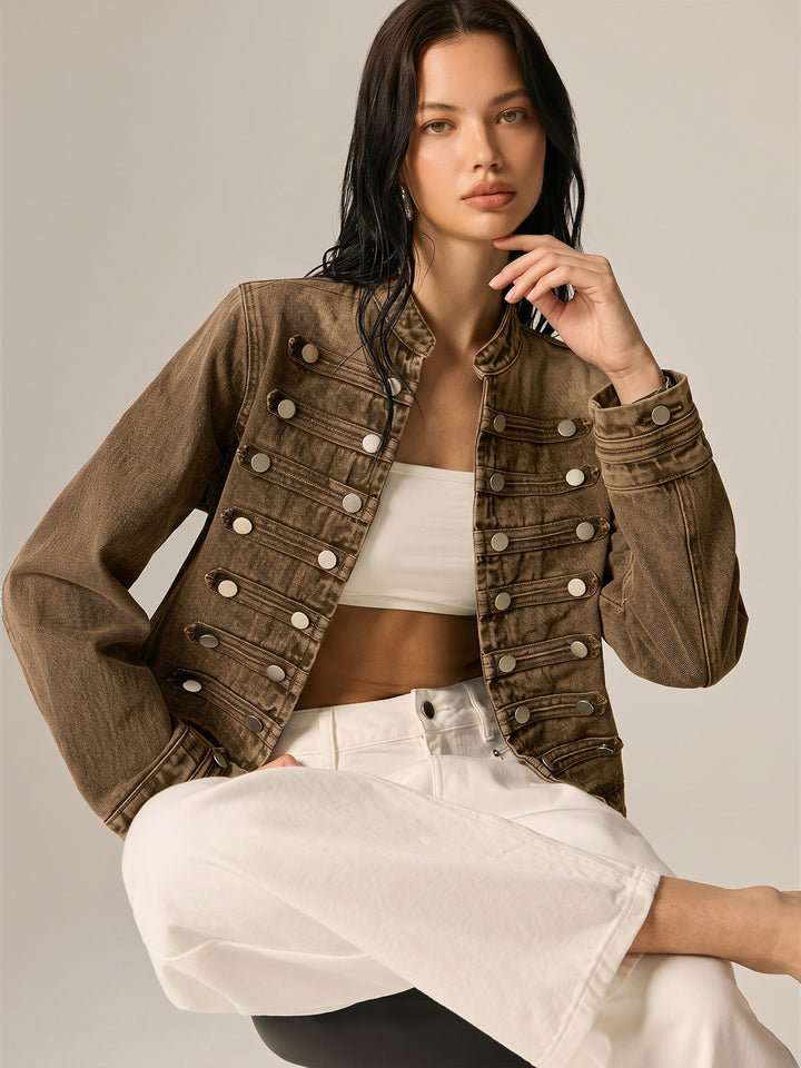 Napoleon Style Stand Collar Denim Jacket