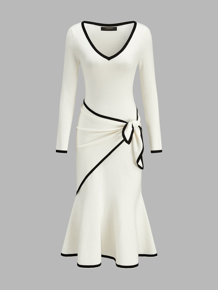 Contrast Trim Tie Waist Mermaid Midi Dress