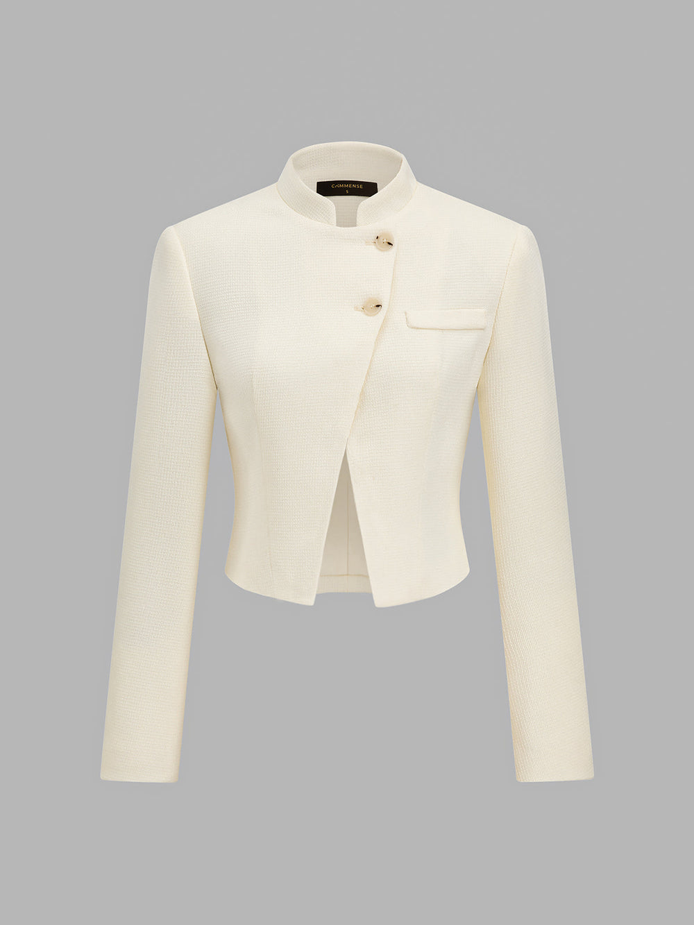 Mandarin Collar Asymmetric Button Cropped Blazer — women's blazers, back view