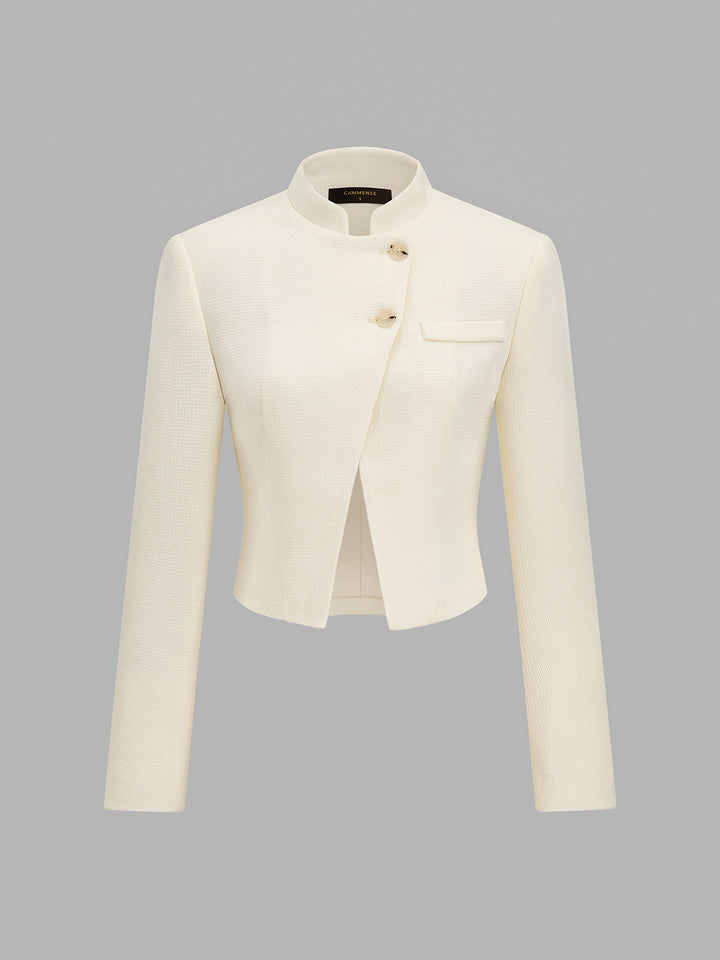 Mandarin Collar Asymmetric Button Cropped Blazer
